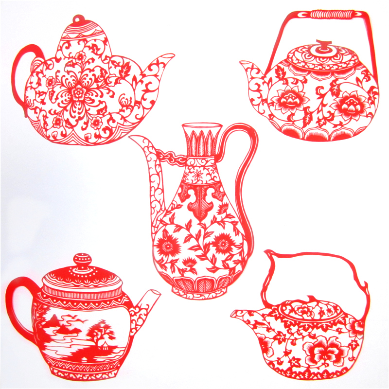 11款精美手工紅花瓷剪紙，茶壺剪紙工藝品