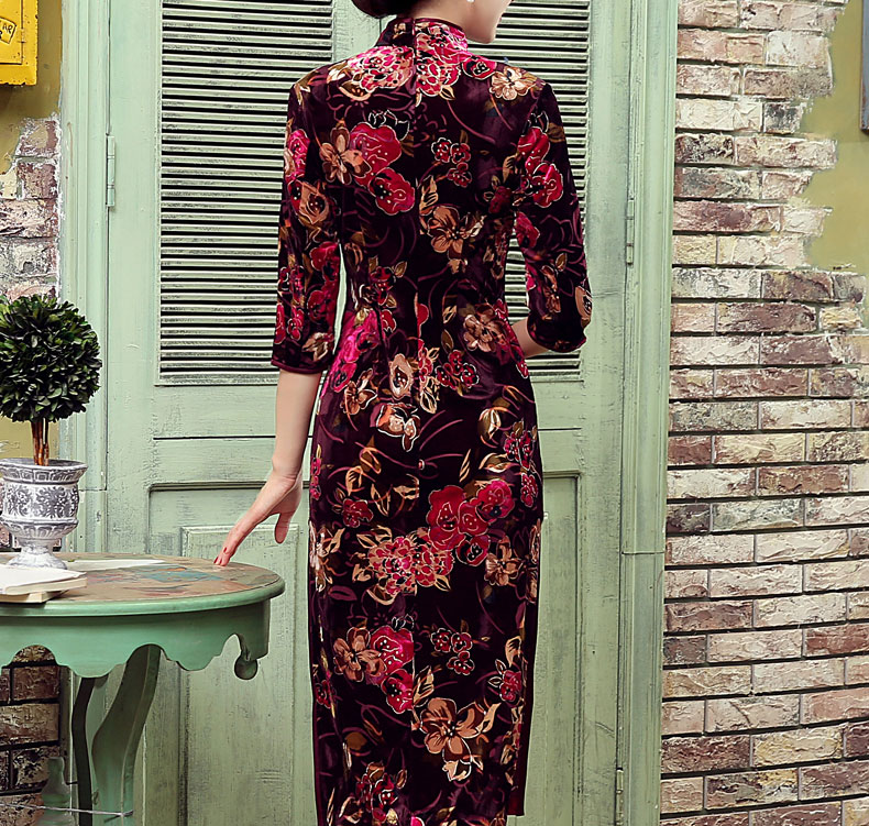 絲絨長款旗袍，改良中式旗袍