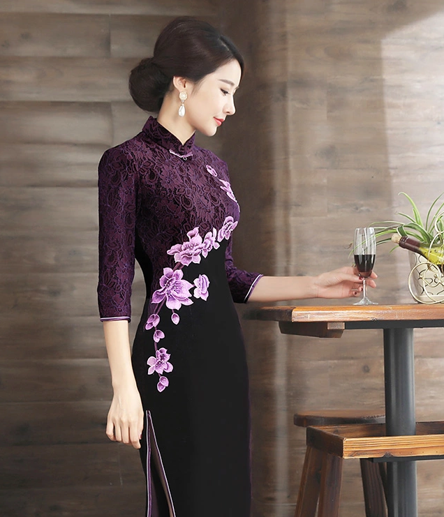 繡花蕾絲金絲絨長款旗袍，中袖優(yōu)雅旗袍