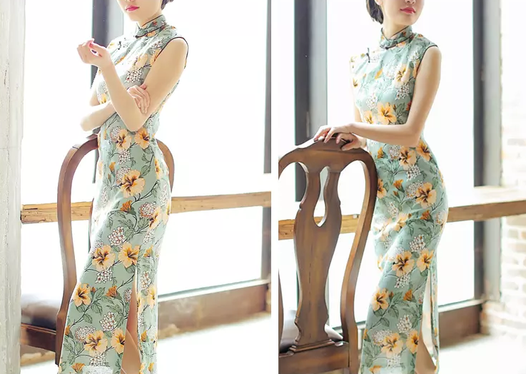 時尚棉麻長款旗袍，復(fù)古印花旗袍