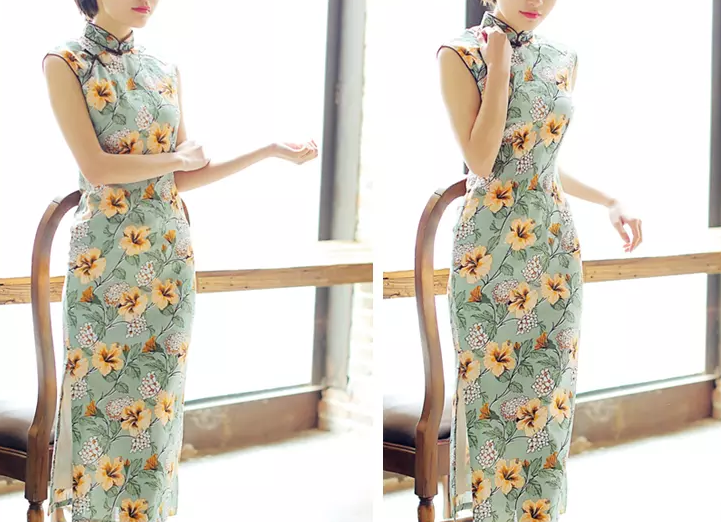 時尚棉麻長款旗袍，復(fù)古印花旗袍