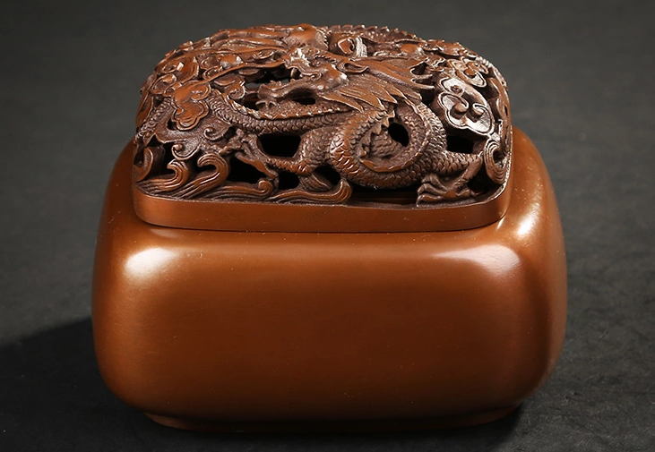 雙龍浮雕香爐，鏤空仿古紫銅熏香爐