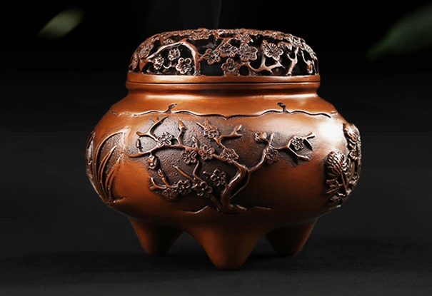 四季花卉香爐，鏤空仿古紫銅熏香爐