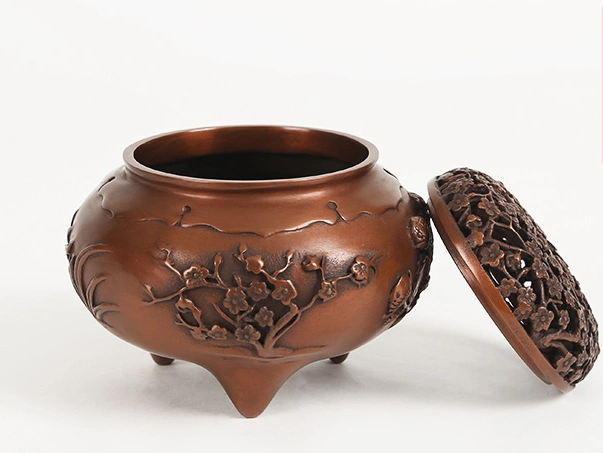 四季花卉香爐，鏤空仿古紫銅熏香爐