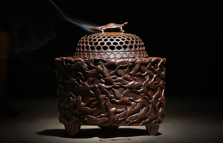 千鶴紫銅香爐，仿古純銅熏香爐