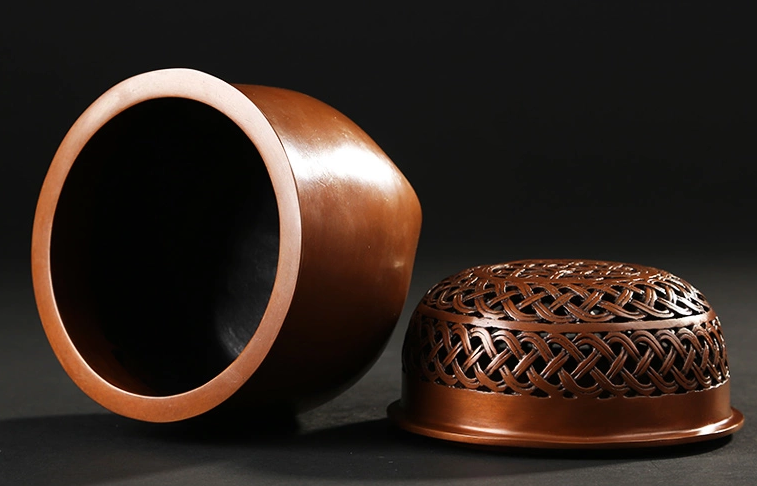 藤編紫銅香爐，仿古印章純銅熏香爐