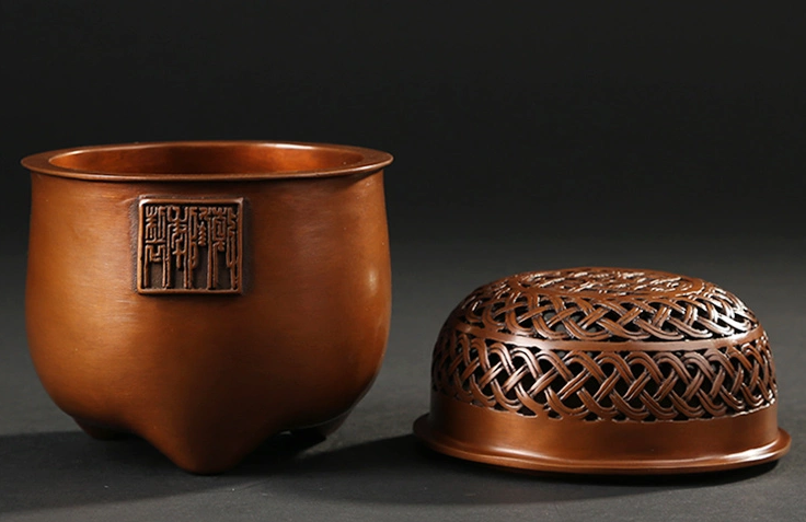 藤編紫銅香爐，仿古印章純銅熏香爐