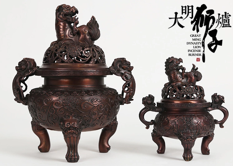 大明獅子紫銅香爐，仿古宣德熏香爐