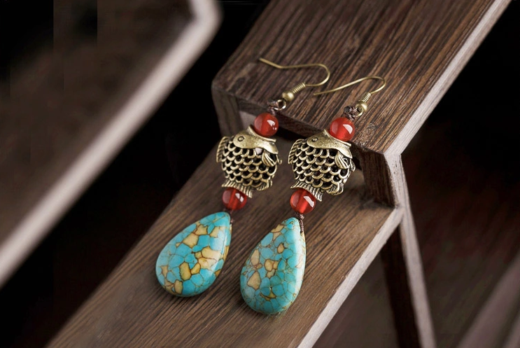 魚水滴形松石耳環(huán)，古典復(fù)古風(fēng)首飾