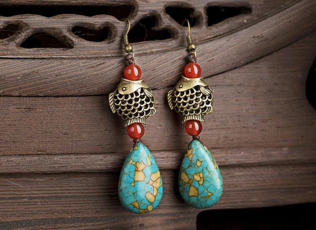 魚水滴形松石耳環(huán)，古典復(fù)古風(fēng)首飾