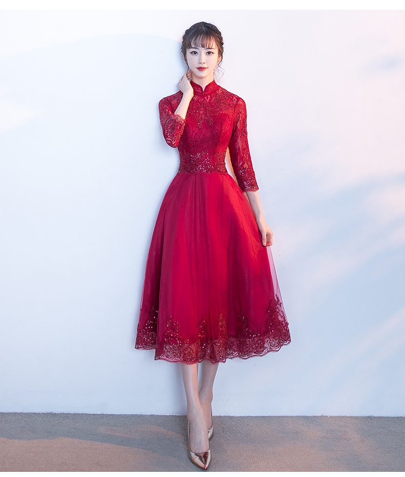 匠心啟航閱讀紅色中式禮服，長袖修身晚禮服