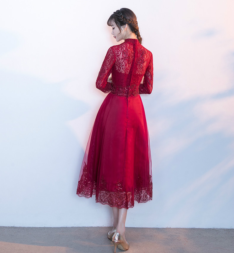 匠心啟航閱讀紅色中式禮服，長袖修身晚禮服