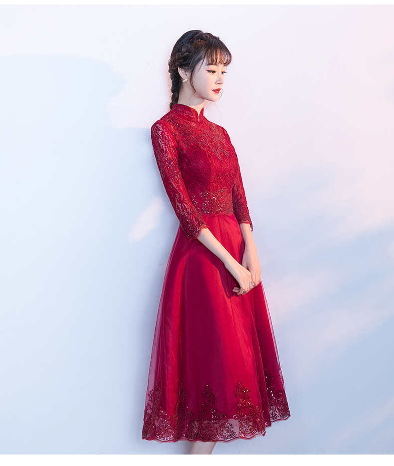 匠心啟航閱讀紅色中式禮服，長袖修身晚禮服