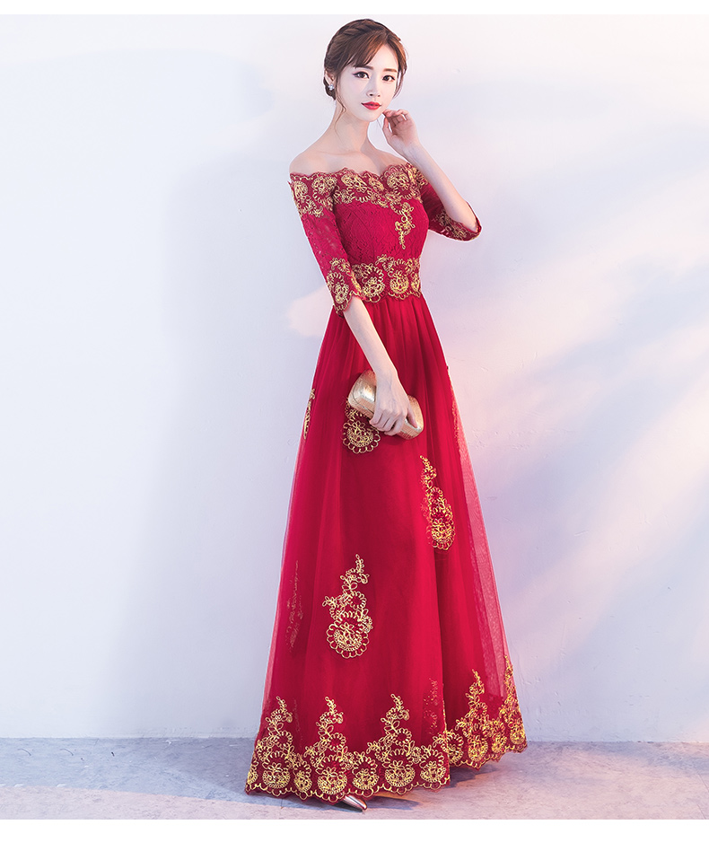 時尚一字肩中式禮服，紅色復(fù)古蕾絲晚禮服
