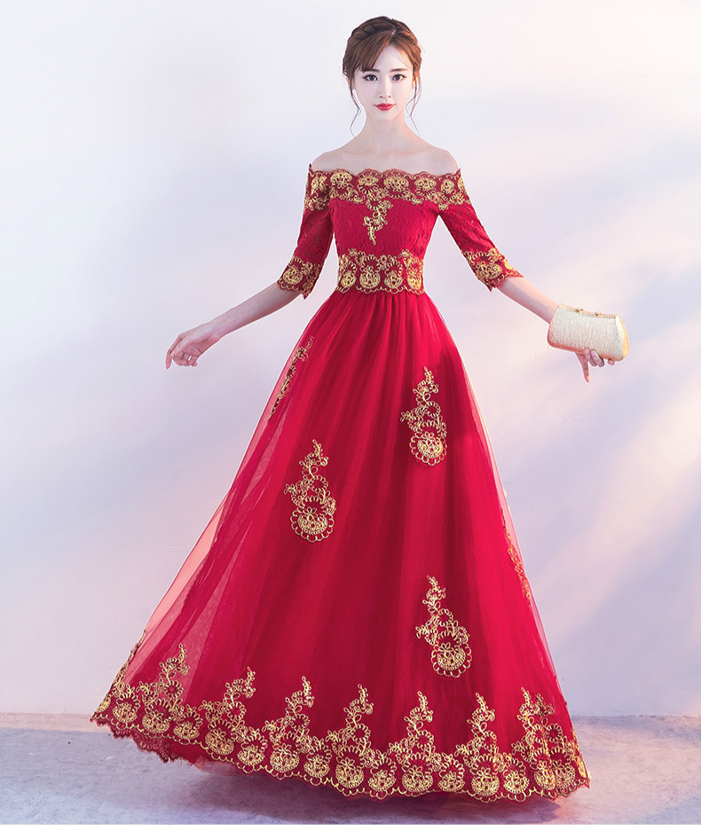 時尚一字肩中式禮服，紅色復(fù)古蕾絲晚禮服