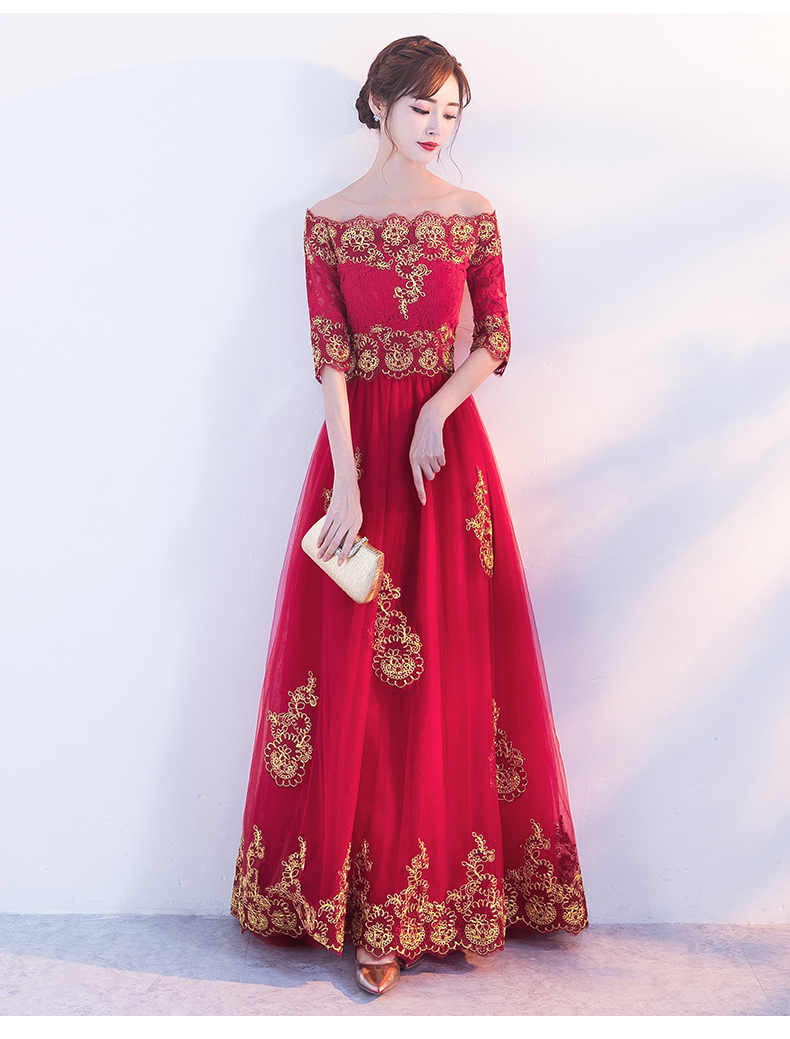 時尚一字肩中式禮服，紅色復(fù)古蕾絲晚禮服