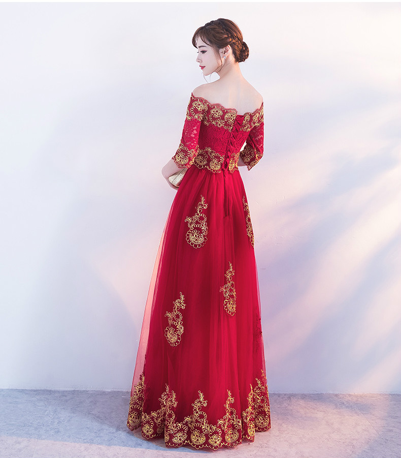 時尚一字肩中式禮服，紅色復(fù)古蕾絲晚禮服
