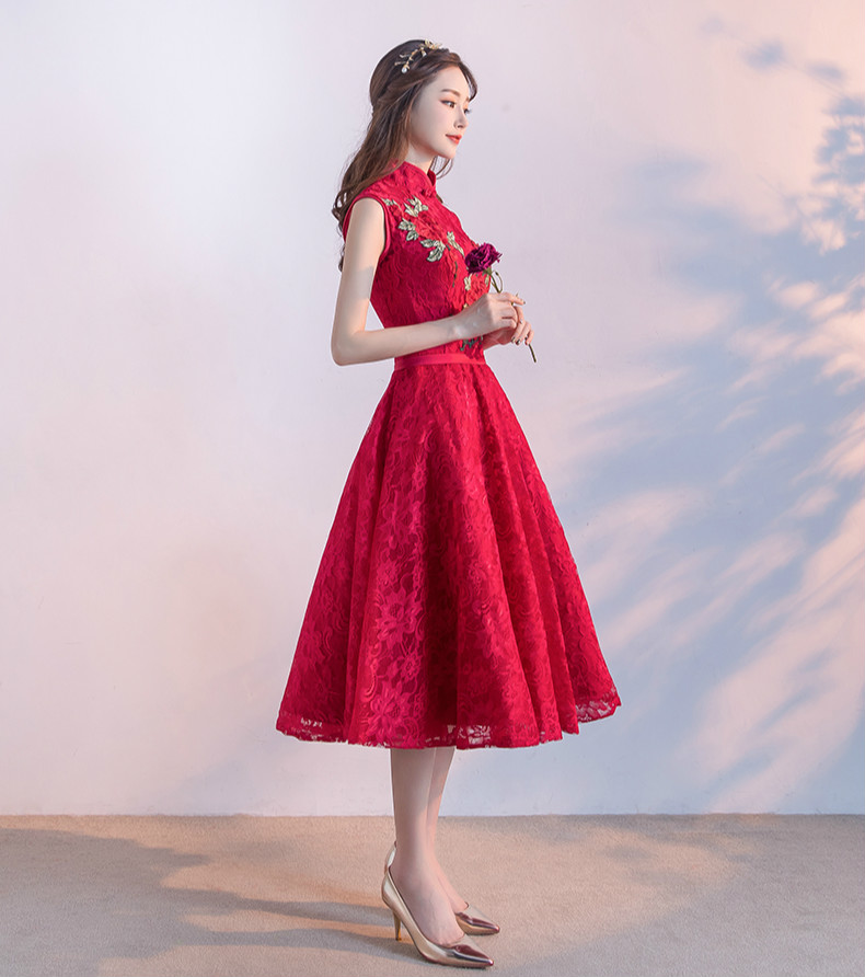 時尚無袖中式禮服，紅色蕾絲印花晚禮服