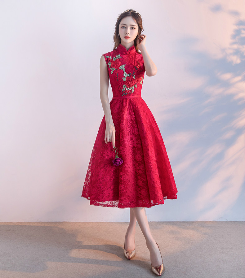 時尚無袖中式禮服，紅色蕾絲印花晚禮服