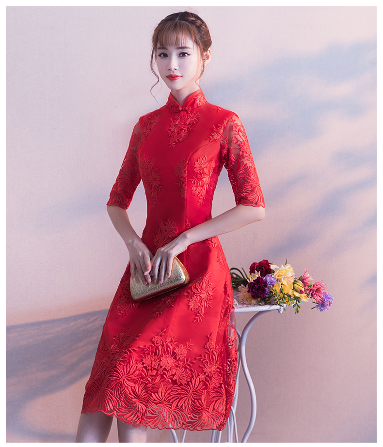 中袖立領(lǐng)中式禮服，復(fù)古匠心啟航閱讀紅色晚禮服