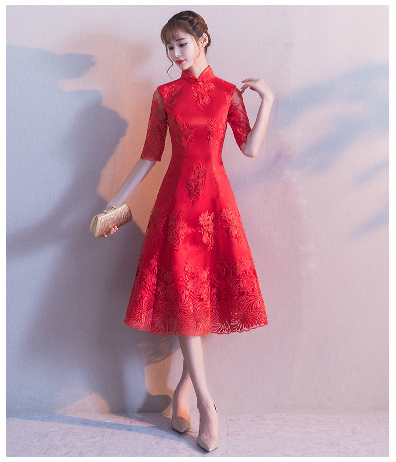 中袖立領(lǐng)中式禮服，復(fù)古匠心啟航閱讀紅色晚禮服