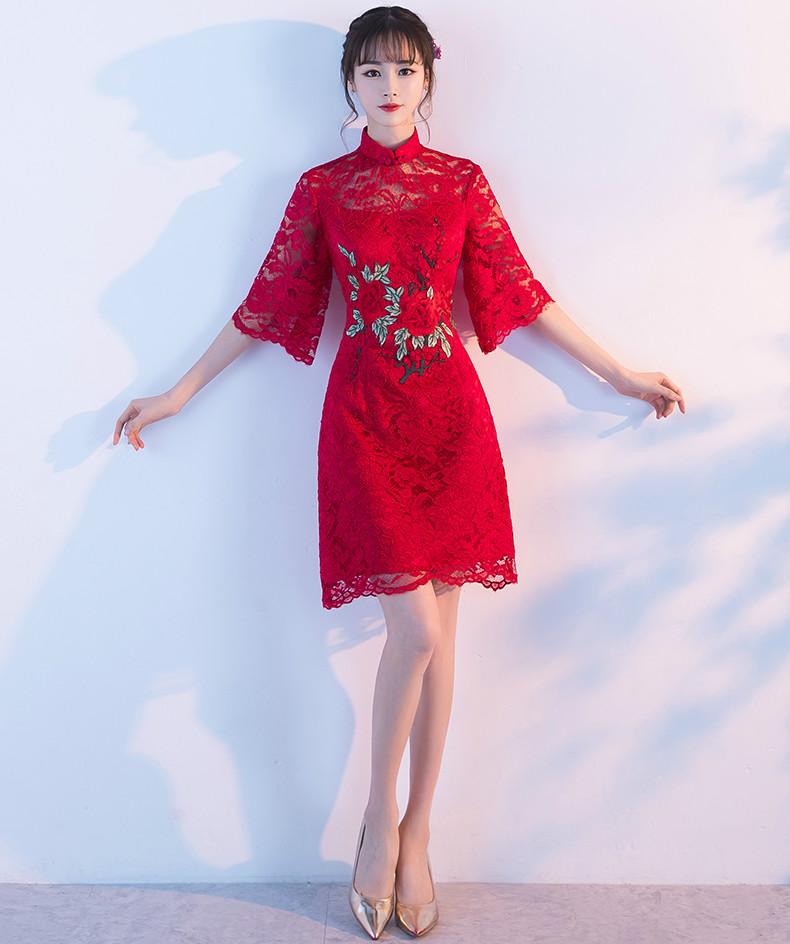 復(fù)古蕾絲敬酒服，紅色花朵中式禮服