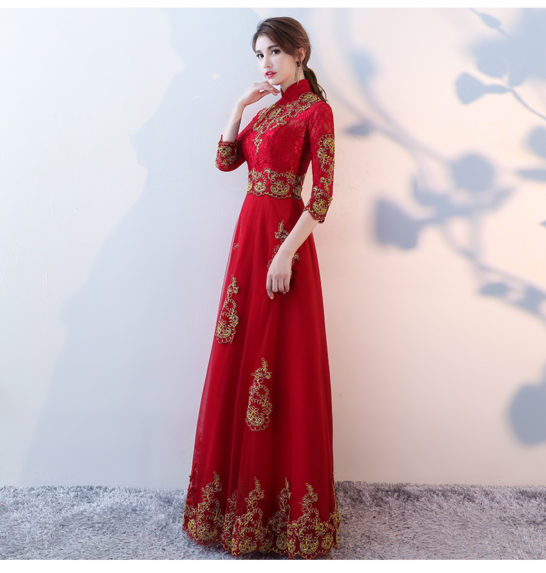 端莊典雅中式禮服，紅色蕾絲長(zhǎng)款晚禮服