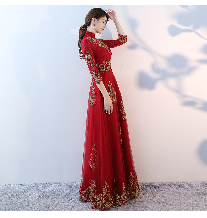 端莊典雅中式禮服，紅色蕾絲長(zhǎng)款晚禮服