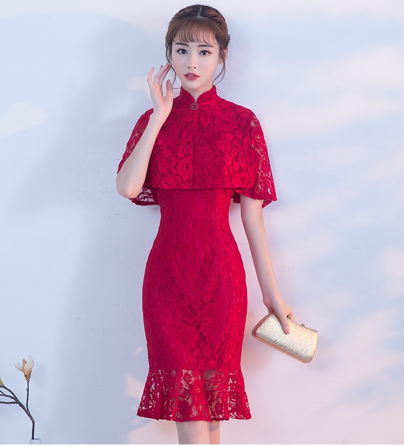 蕾絲披肩中式禮服，時尚荷葉邊魚尾裙晚禮服