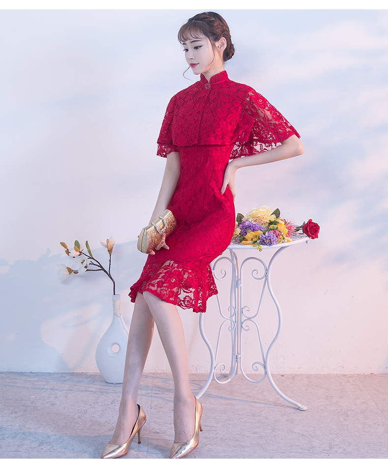 蕾絲披肩中式禮服，時尚荷葉邊魚尾裙晚禮服