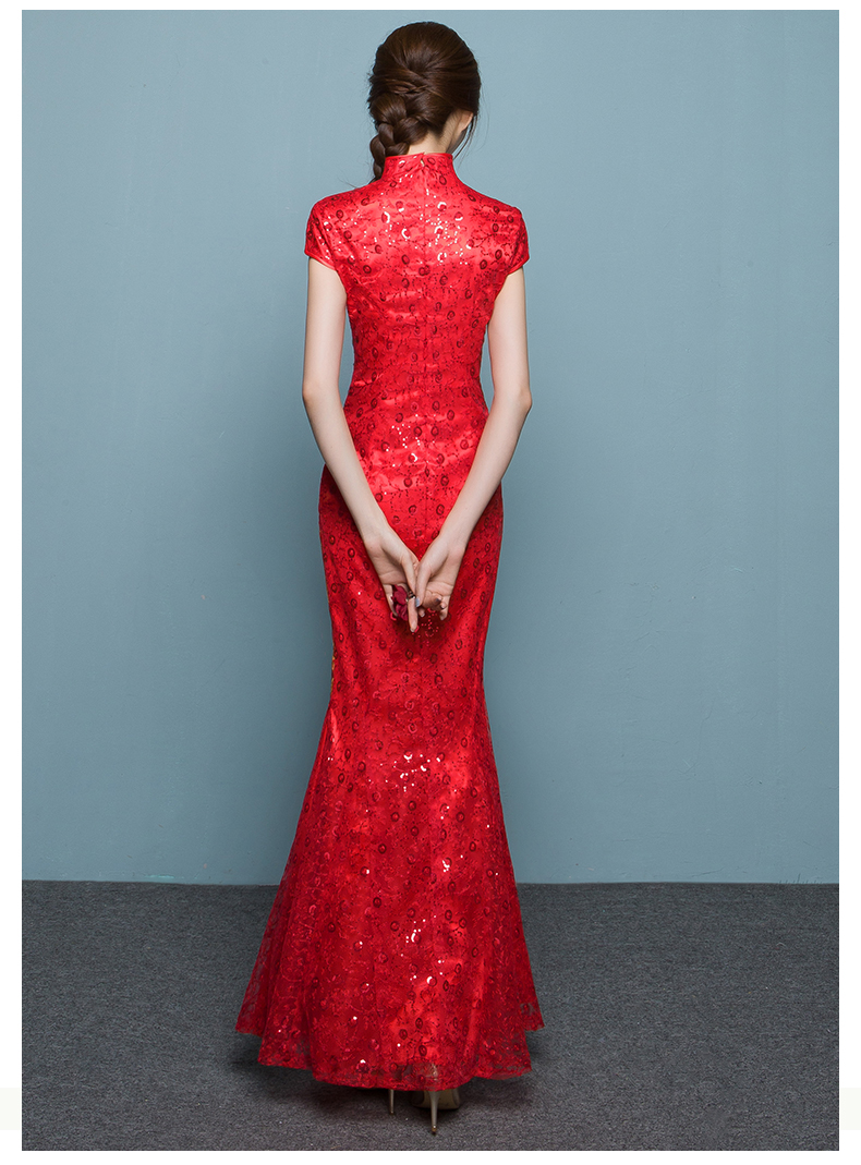匠心啟航閱讀魚尾中式禮服，紅色蕾絲繡花晚禮服