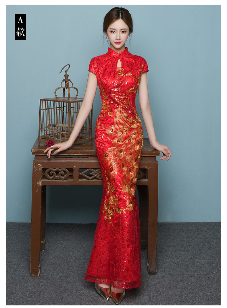 匠心啟航閱讀魚尾中式禮服，紅色蕾絲繡花晚禮服