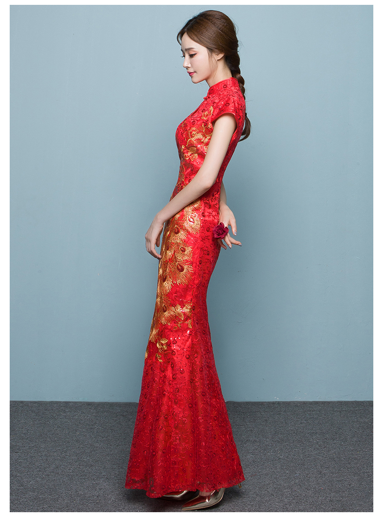 匠心啟航閱讀魚尾中式禮服，紅色蕾絲繡花晚禮服