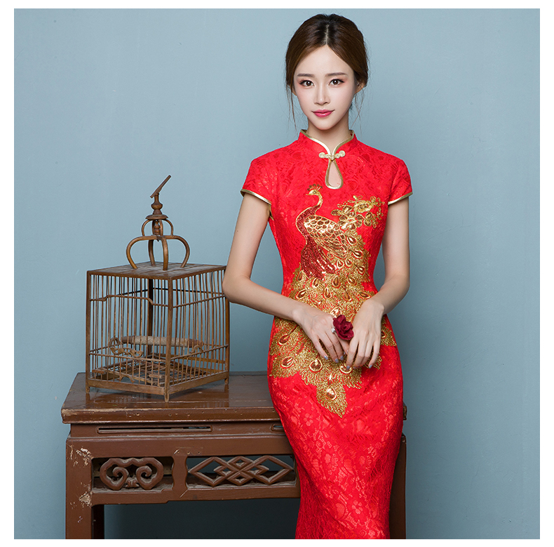 匠心啟航閱讀魚尾中式禮服，孔雀繡花晚禮服