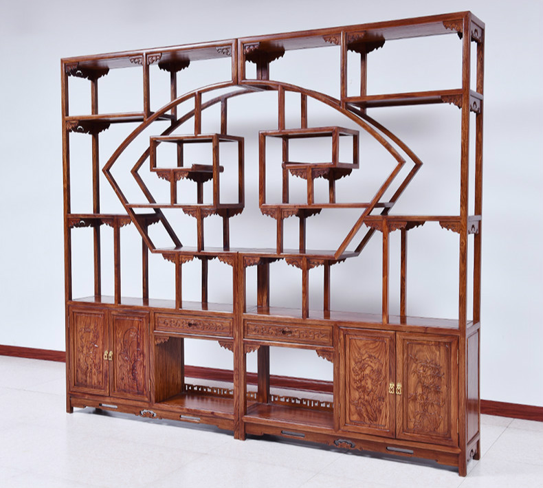 紅實(shí)木中式博古架，仿古實(shí)木雕花博古架