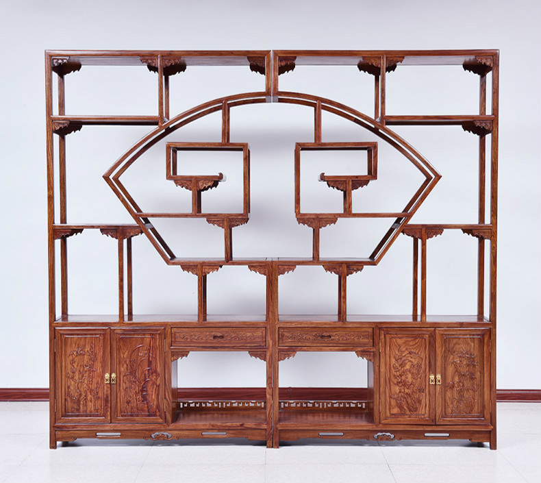紅實(shí)木中式博古架，仿古實(shí)木雕花博古架