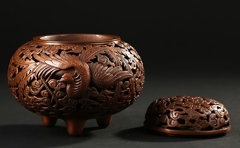 龍鳳呈祥鏤空熏香爐，仿古紫銅檀香爐