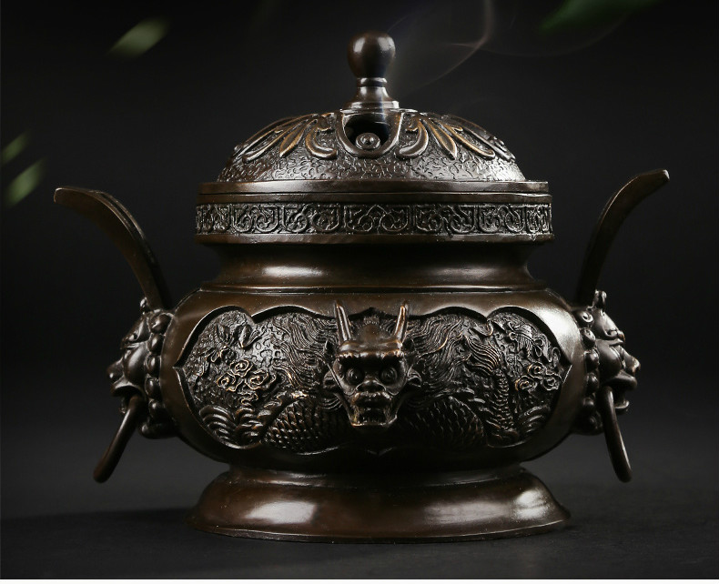 祥獅雕刻香爐，仿古神龍銅香爐