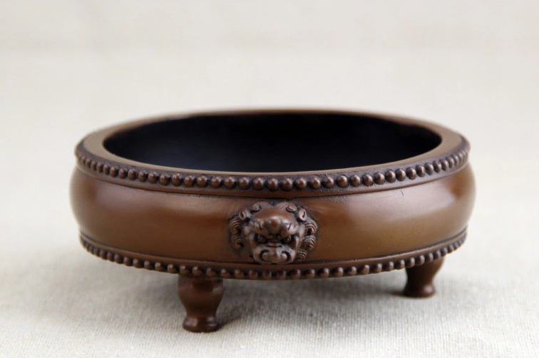 紫銅獅首耳鼓式香爐，簡(jiǎn)約無(wú)蓋熏香爐