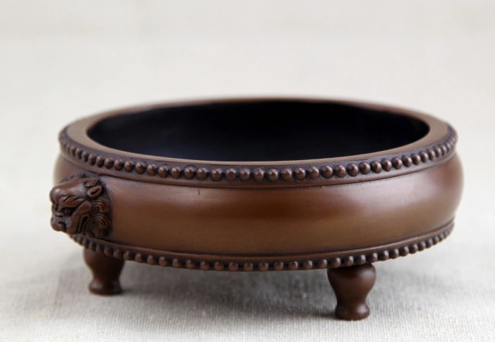 紫銅獅首耳鼓式香爐，簡(jiǎn)約無(wú)蓋熏香爐