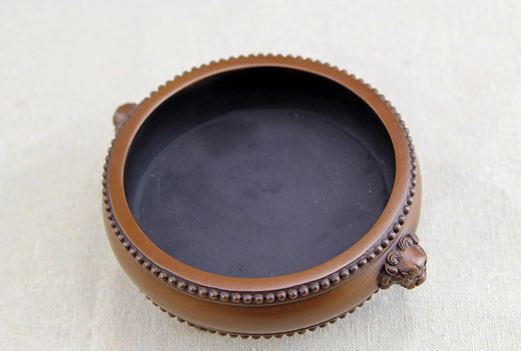 紫銅獅首耳鼓式香爐，簡(jiǎn)約無(wú)蓋熏香爐