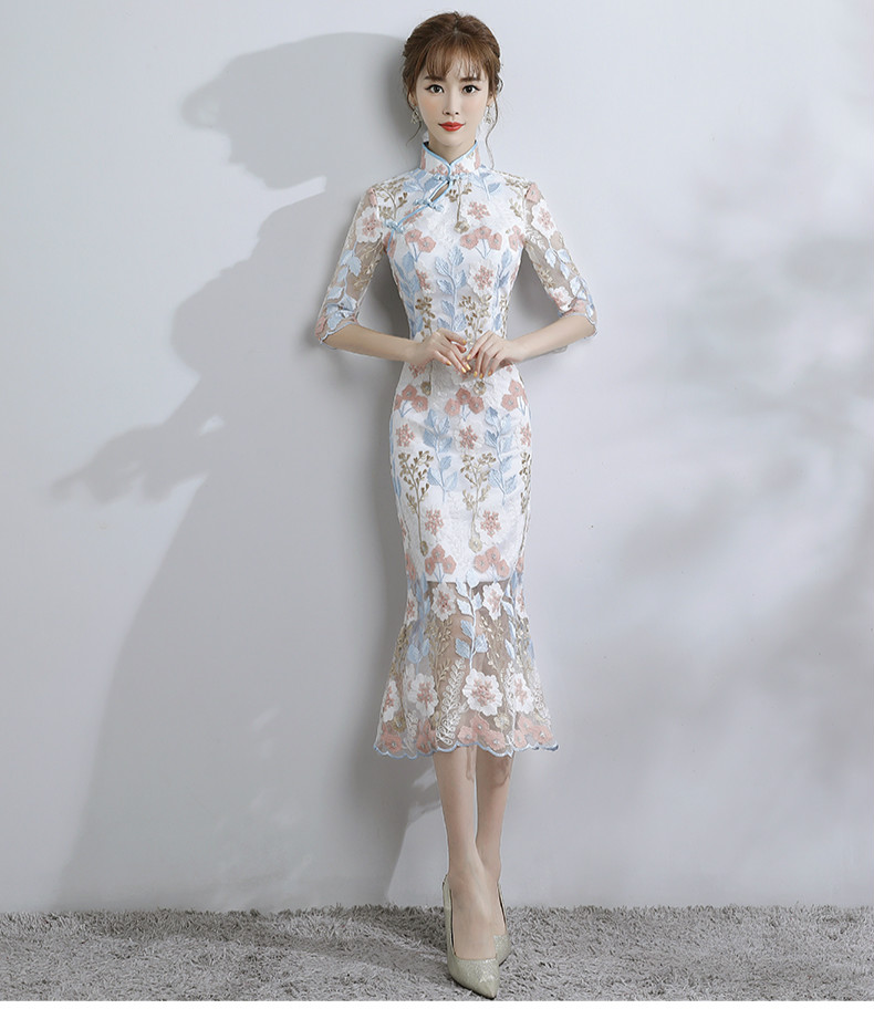 時(shí)尚氣質(zhì)淑女旗袍，改良蕾絲魚(yú)尾旗袍裙