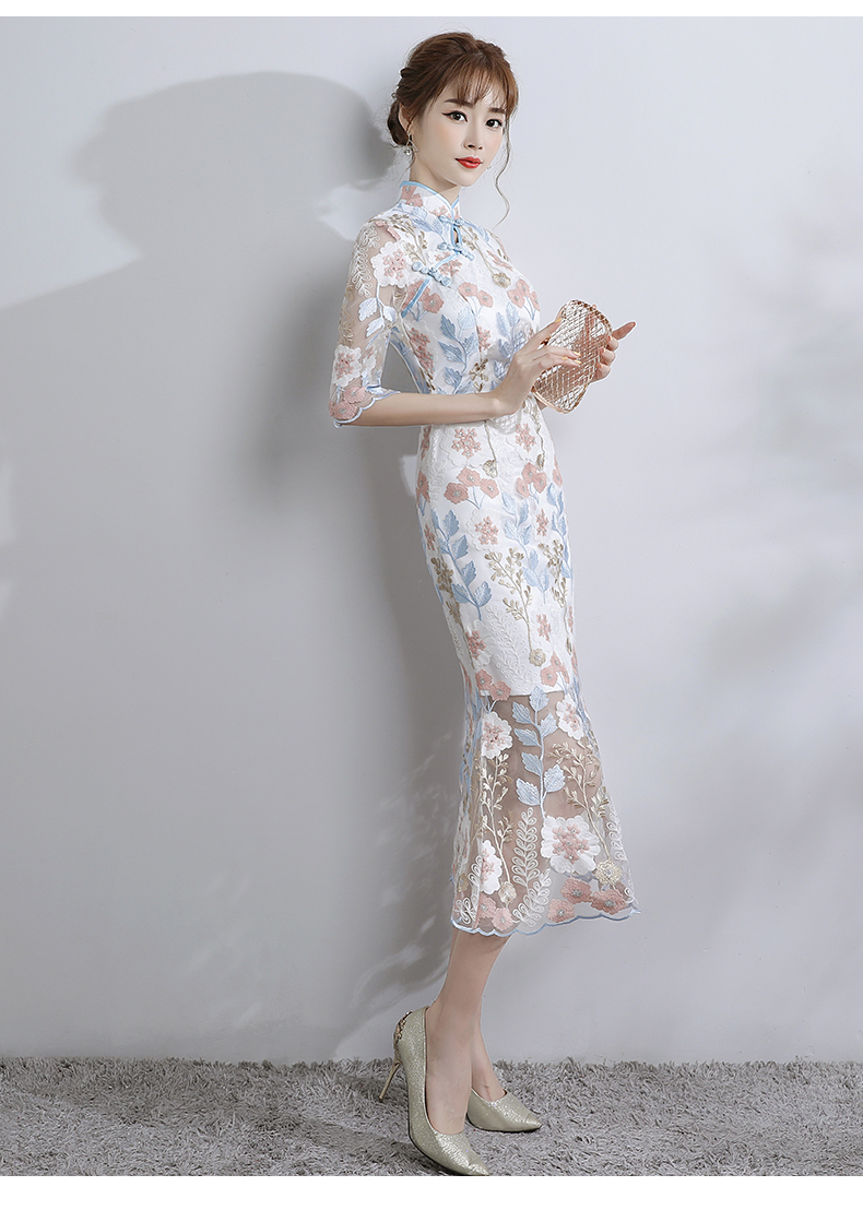 時(shí)尚氣質(zhì)淑女旗袍，改良蕾絲魚(yú)尾旗袍裙