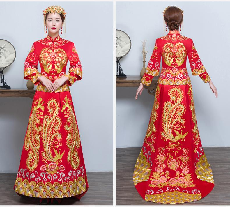 時尚匠心啟航閱讀拖尾中式禮服，金線刺繡新娘禮服