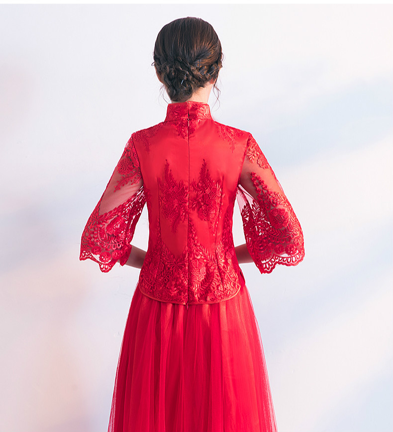 蕾絲繡花中式禮服，秀禾服紅色婚紗新娘禮服