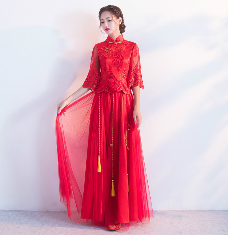 蕾絲繡花中式禮服，秀禾服紅色婚紗新娘禮服