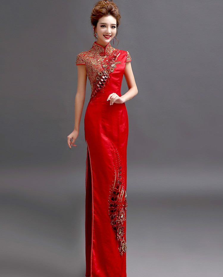 天使嫁衣中式禮服，金絲亮片立體刺繡旗袍