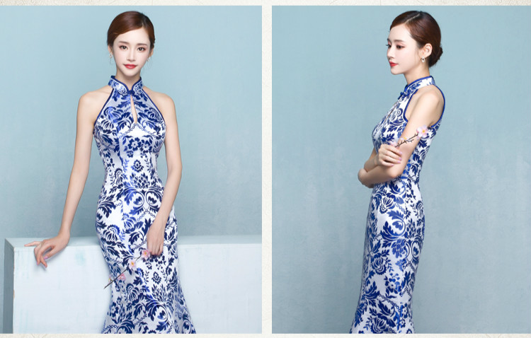 中式青花瓷旗袍禮服，時尚復古旗袍裙