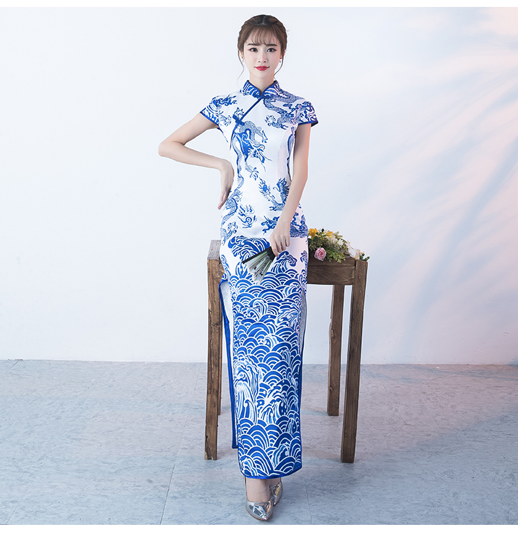 時(shí)尚青花瓷旗袍，復(fù)古優(yōu)雅旗袍裙