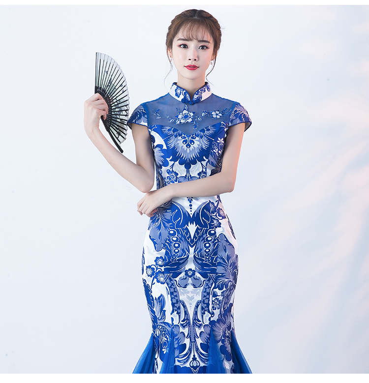 匠心啟航閱讀青花瓷旗袍，復古優(yōu)雅魚尾旗袍裙